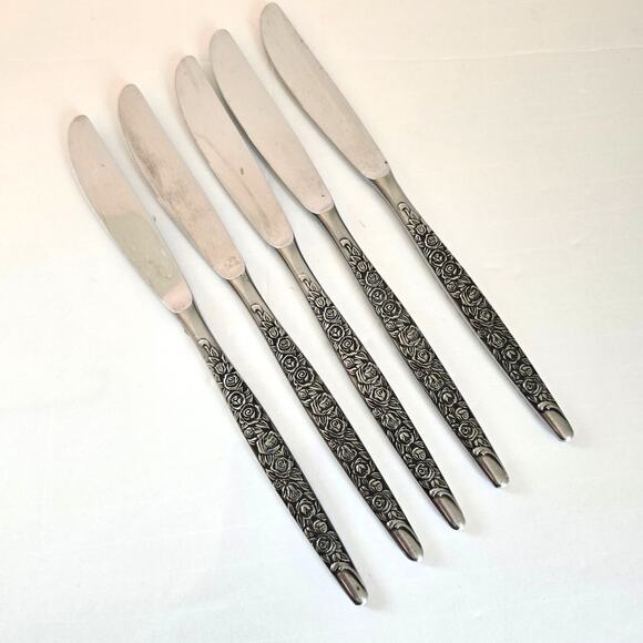 Vintage National Stainless Japan Rio Vista Knives Set Of 5 Rose Mid Century Mod - Picture 1 of 13